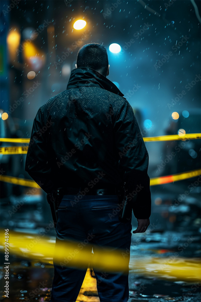 An AI generative low light image of police officer standing at crime scene with yellow barrier tape during at night. An AI generative low light image of police officer standing at crime scene with yellow barrier tape during at night.