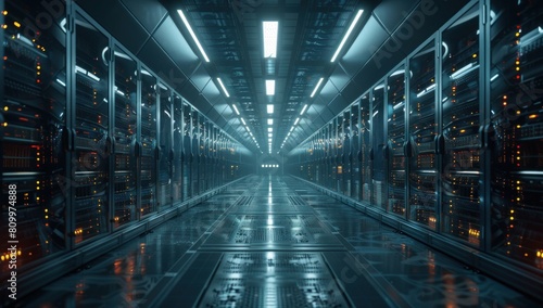 Photograph a series of data centers bustling with activity, depicting the scale and sophistication of digital operations.