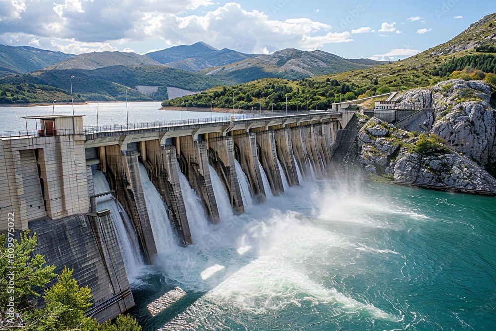 Outdoor scenery of a dam, illustrating hydraulic engineering and water control solutions against extreme weather Outdoor scenery of a dam, illustrating hydraulic engineering and water control solutions against extreme weather