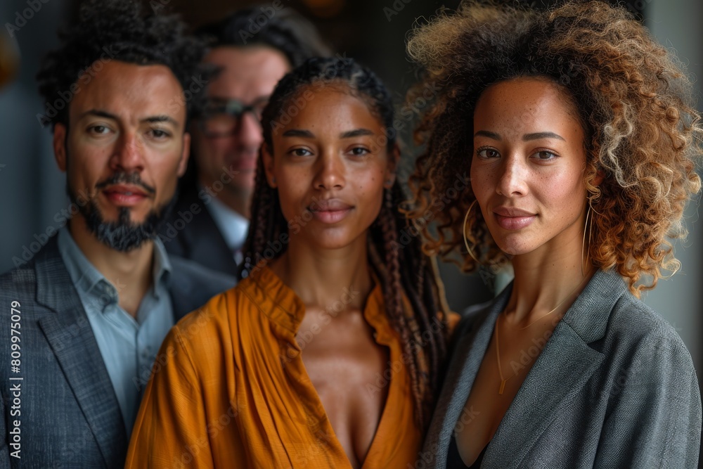 Close-up portrait of creative professionals, highlighting diversity and teamwork in a modern work setting Close-up portrait of creative professionals, highlighting diversity and teamwork in a modern work setting