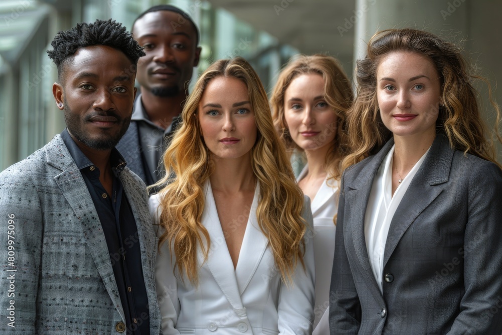 A diverse corporate team stands confidently in a modern office setting, exuding professionalism and camaraderie A diverse corporate team stands confidently in a modern office setting, exuding professionalism and camaraderie