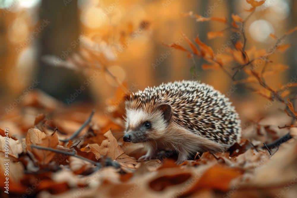 A small hedge sitting on top of a pile of leaves. Suitable for autumn-themed designs A small hedge sitting on top of a pile of leaves. Suitable for autumn-themed designs