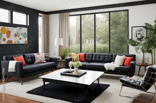 Mid-century style home interior design of modern living room. Accent coffee table near black tufted sofa against windows
