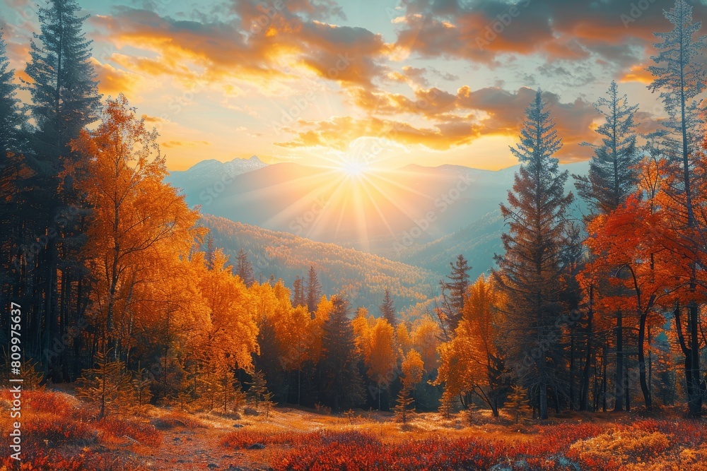 Fototapeta premium A beautiful autumn day with a bright sun shining through the trees