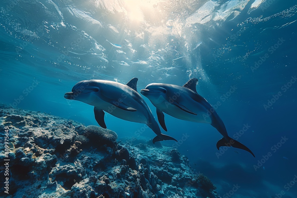 Fototapeta premium Brilliant sunlight illuminates two dolphins engaging with each other in the vast, serene ocean, highlighting their dynamic motion