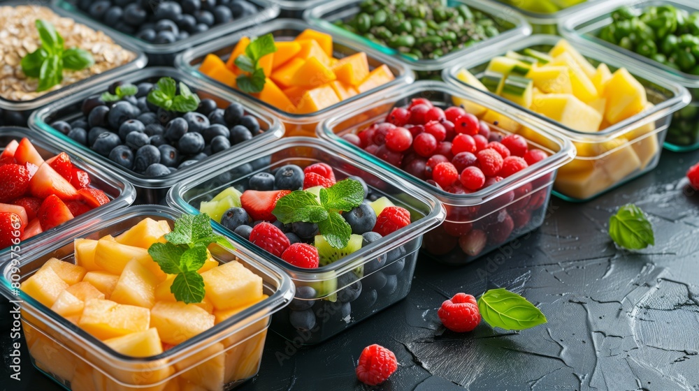 An assortment of fresh and colorful fruits and vegetables neatly arranged in plastic containers, creating a visual feast for the eyes