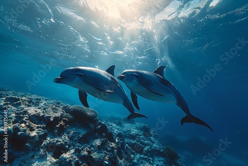Brilliant sunlight illuminates two dolphins engaging with each other in the vast, serene ocean, highlighting their dynamic motion © Larisa AI
