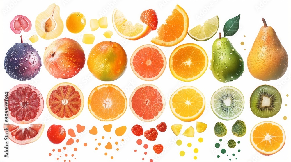 A vibrant assortment of fresh fruit including apples, oranges, pears, and grapes scattered on a clean white surface
