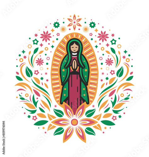 Virgin of Guadalupe, stylized illustration mexican virgin flower design