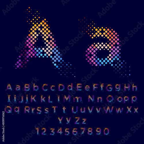 atoz dottedSet of letters made of colored dots or filled with circles. Creative fonts with capital, small letters, numbers and symbols. Flat vector illustration.

 photo