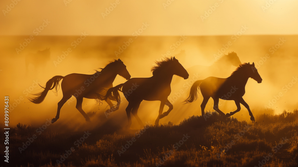 Three horses running in the desert with the sun setting in the background. horses are silhouetted against the sky, creating a sense of motion and energy. silhouette of a horses running through dust