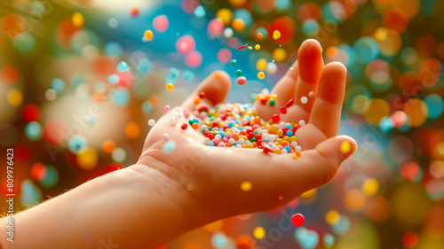 A hand is holding a handful of colorful candy photo