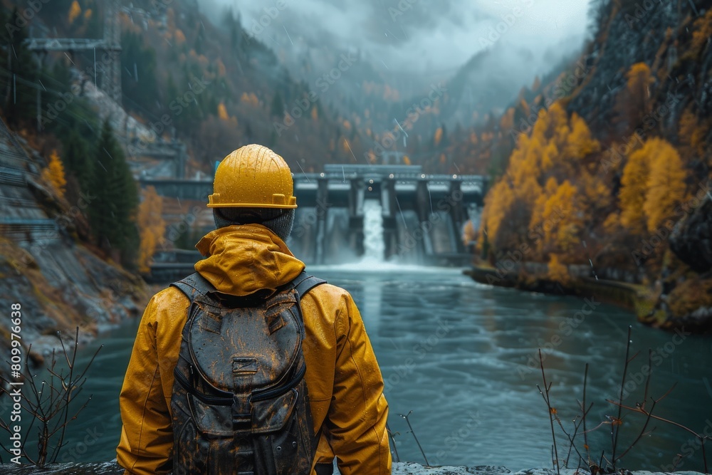 A worker gazes out at the expanse of a hydroelectric dam, surrounded by autumnal forest and the rush of water A worker gazes out at the expanse of a hydroelectric dam, surrounded by autumnal forest and the rush of water