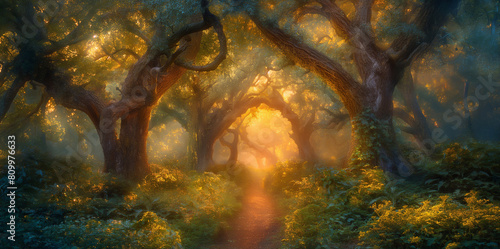 A mystical forest at dawn, ethereal lights filtering through towering ancient trees, a hidden path leading to an enchanted castle in the distance
