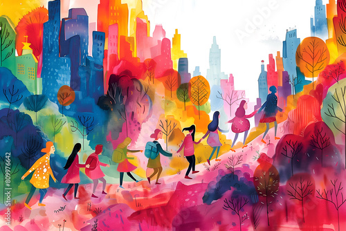 Watercolor illustration of people hiking hand by hand in front of colorful abstract cityscape background