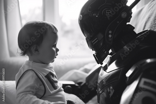 Monochrome image capturing a moment of curiosity between a baby and a intricately crafted humanoid robot