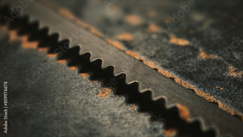Close-up surface texture of rusty scrap metal iron sheets with serrated saw teeth edges, industrial waste metalwork art.