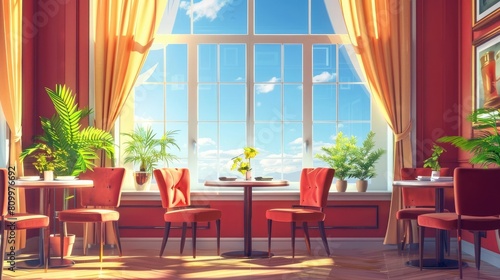 Cozy restaurant interior with chairs and sofa near panoramic window realistic © Ahtesham