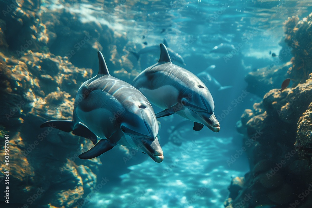 Obraz premium A captivating portrayal of two dolphins enjoying a swim under the sea with beautiful light rays illuminating their path