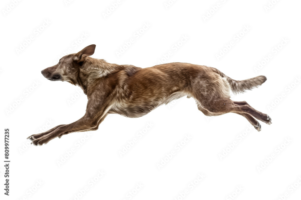 Fototapeta premium Energetic Australian Kelpie in Mid-Jump Isolated on White Background
