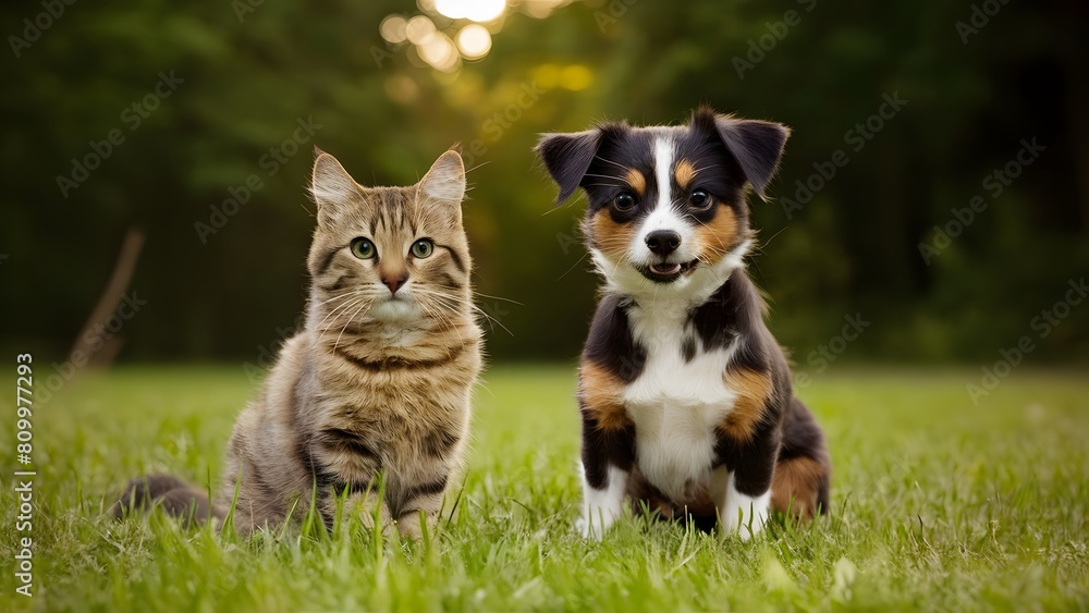 A cute couple of furry friends little cat and a mischievous little dog A cute couple of furry friends little cat and a mischievous little dog