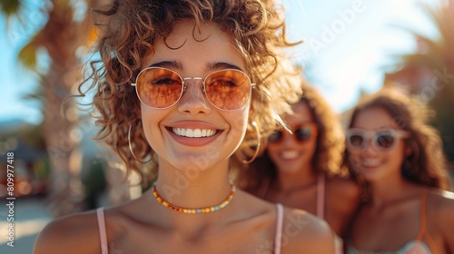 Stylish young woman with sunglasses relaxing on a beach chair against a backdrop of summer vibes. photo