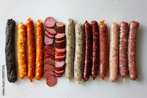 Sausage products on a plain background