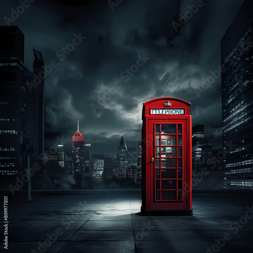 A classic red phone booth against a modern city background © Cao