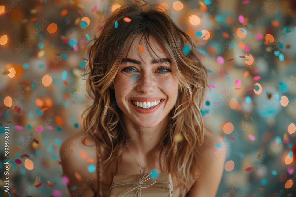 A woman gleefully smiles as multicolored confetti falls around her, evoking joy A woman gleefully smiles as multicolored confetti falls around her, evoking joy
