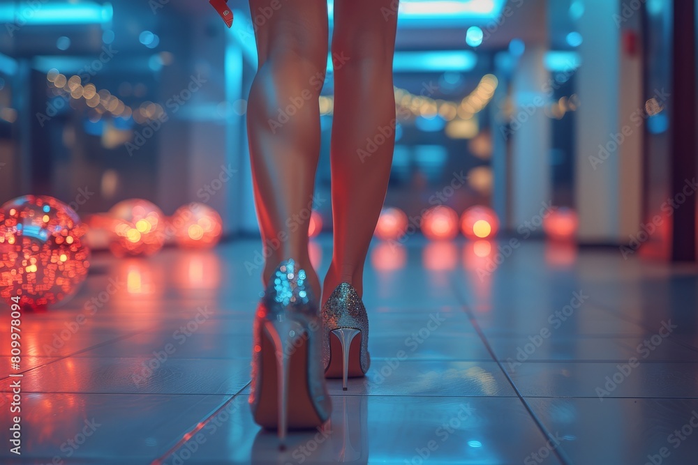 The shimmering elegance of high heels captures a woman's graceful walk through a modern, atmospheric setting, suggesting a stylish and confident lifestyle The shimmering elegance of high heels captures a woman's graceful walk through a modern, atmospheric setting, suggesting a stylish and confident lifestyle