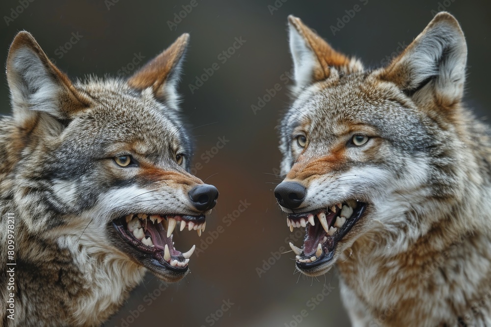 Fototapeta premium An intense moment captured as two wolves fiercely gaze into each other's eyes showing their teeth
