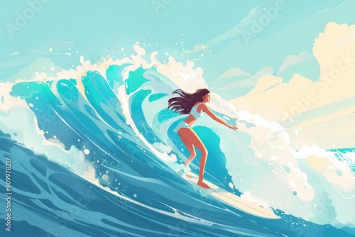 A woman riding a wave on top of a surfboard. Perfect for sports and summer themed designs