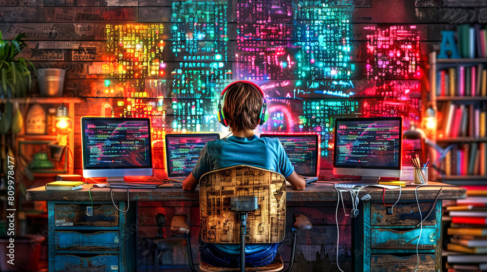 A boy sitting in front of a computer in a room decorated with colorful sticky notes
