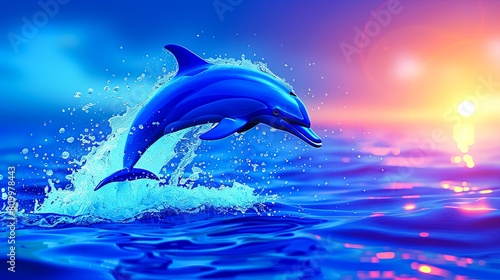 A beautiful blue dolphin jumps out of the water at sunset.