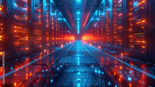 Futuristic Data center. Big Data analytics platform. Quantum processor in the global computer network