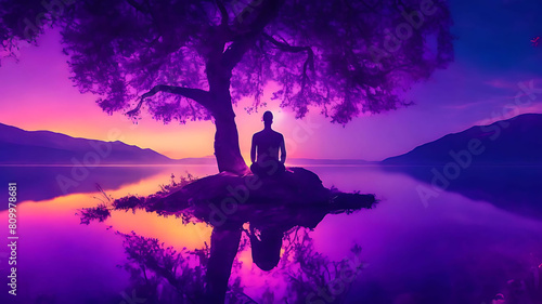 Breathtaking landscape with meditating male under tree, third eye light, aura glow, binural vibrations, lucid dreams. Abstract surreal anime