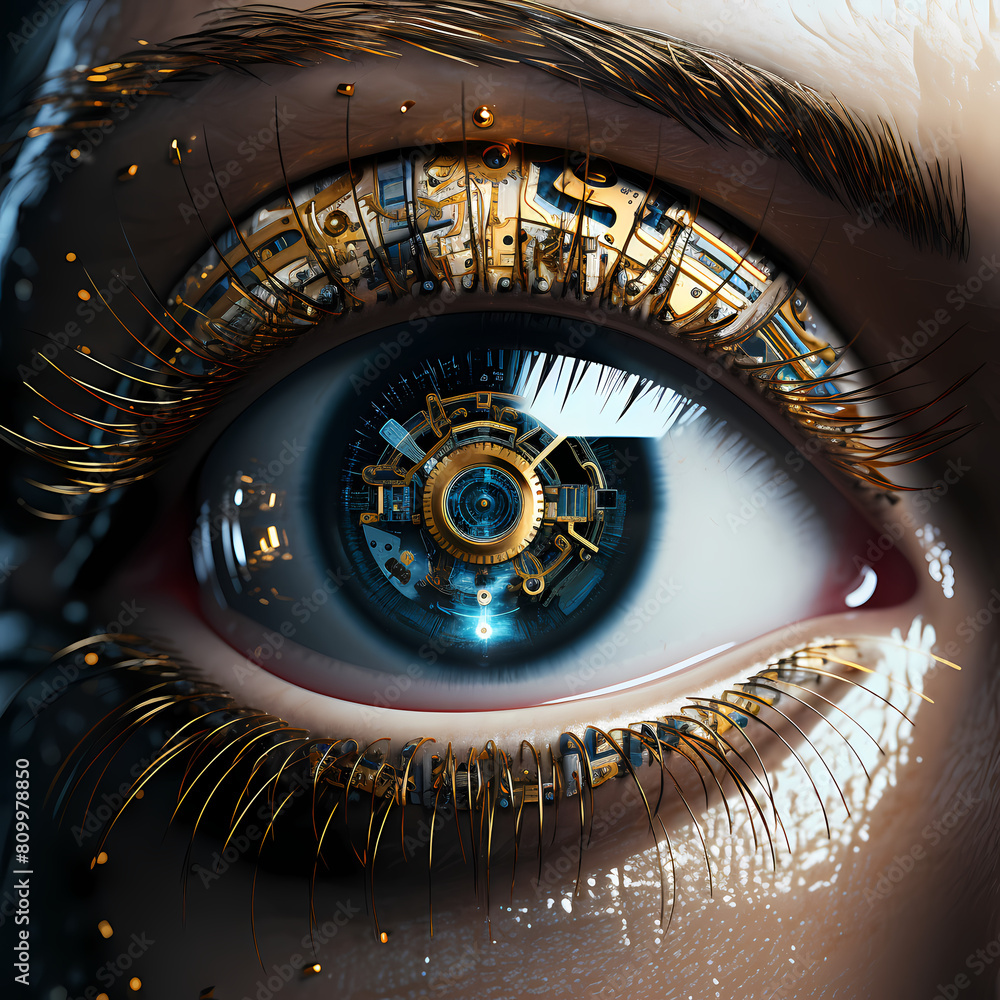 A cybernetic eye with digital displays.