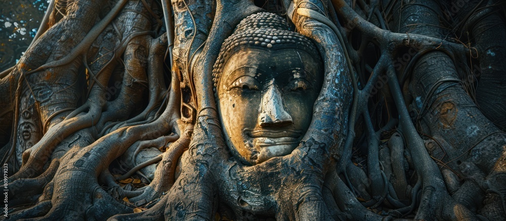 Enigmatic Buddha Head Enveloped in Ancient Tree Roots at Mysterious Historic Temple Ruins