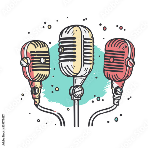Minimalistic logo illustration of microphones on a white background.