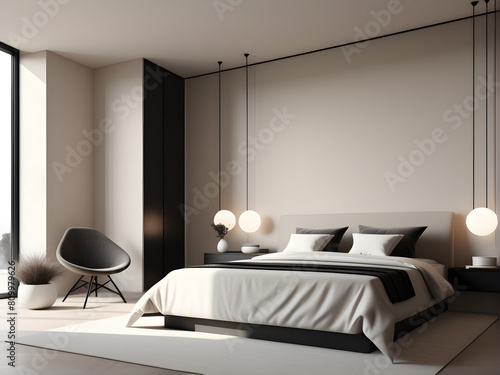 Modern bedroom home design, double bed with milky white walls, minimalist style, used for background and banners photo