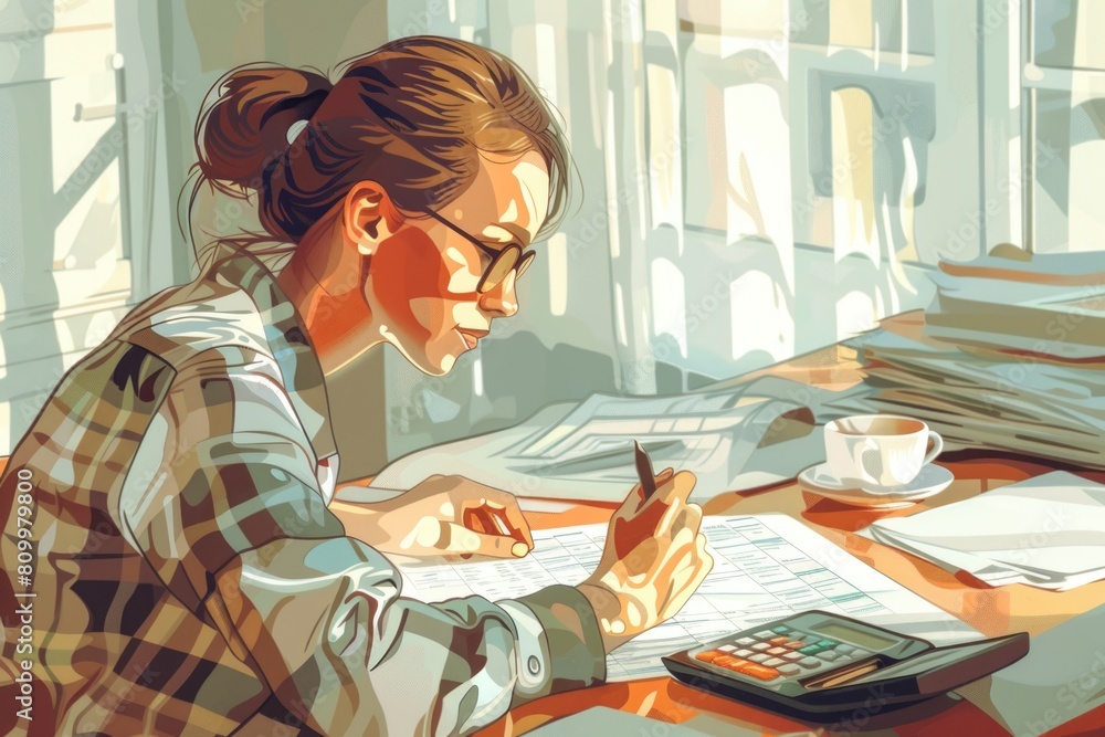 A woman sitting at a table with a calculator. Suitable for financial and business concepts A woman sitting at a table with a calculator. Suitable for financial and business concepts