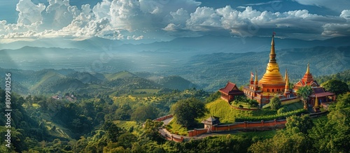 Serene Hilltop Temple of Wat Phra That Doi Kham Overlooking Verdant Valleys and Rolling Hills photo