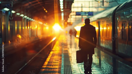 Silhouette of a businessman at a train station door, early morning commuters in motion