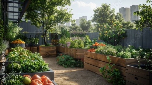 A lush urban garden bursting with a vibrant variety of vegetables, showcasing the beauty of sustainable urban agriculture photo