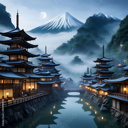 Mystical portrayal of advanced ancient Japanese civilization in misty valley with ethereal architecture, traditional attire