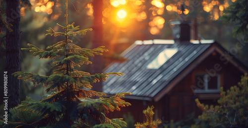 A cabin with a tree in front of it