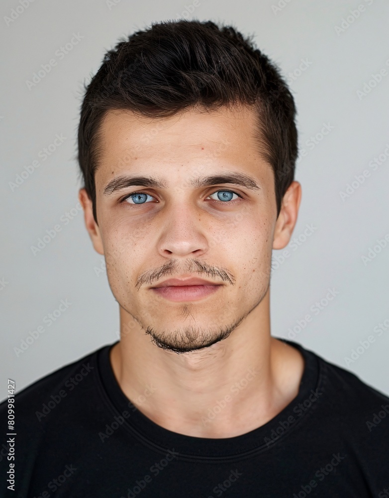 Obraz premium ID Photo for Passport : European young adult man with straight short black hair and blue eyes, thin mustache, without glasses and wearing a black t-shirt