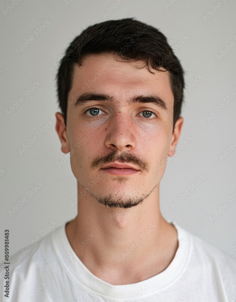 Obraz premium ID Photo for Passport : European young adult man with straight short black hair and blue eyes, thin mustache, without glasses and wearing a white t-shirt