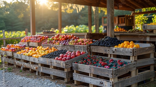 A collection of wooden crates bursting with a variety of colorful and fresh fruits at a vibrant farm stand display photo