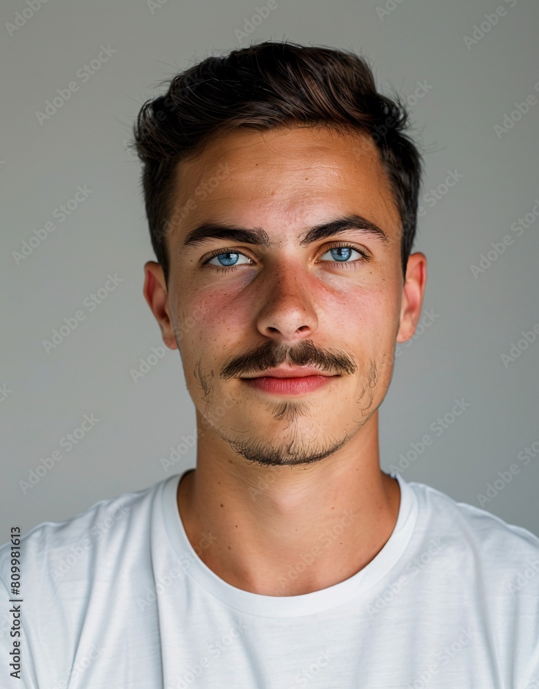Fototapeta premium ID Photo for Passport : European young adult man with straight short black hair and blue eyes, thin mustache, without glasses and wearing a white t-shirt